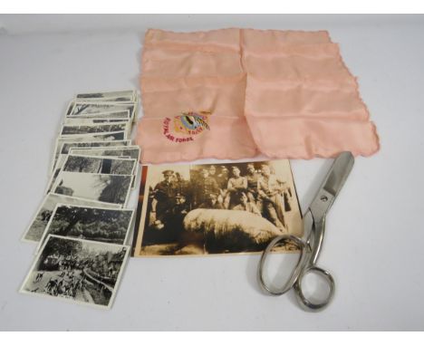 Pair of Military issue 1945 scissors, RAF sweetheart handkerchief, military photo and a selection of senior service cigarette