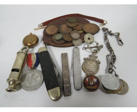 Interesting Mixed lot to include Vintage Penknife, Hallmarked Silver military fob, Silver needle case, Hudson whistle. See ph