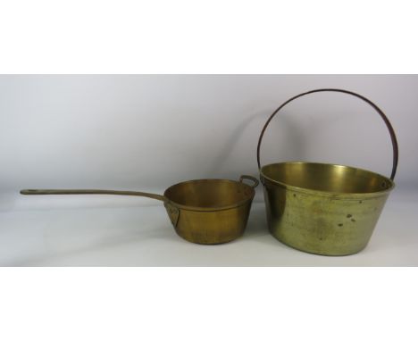 Large brass jam pan plus a long handled vintage brass pan.
