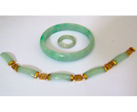 Mixed Oriental Jade. 70mm Solid Bangle with matching ring,  finger size  'Q-5' Plus a Beautiful Five segment Jade Bracelet wi