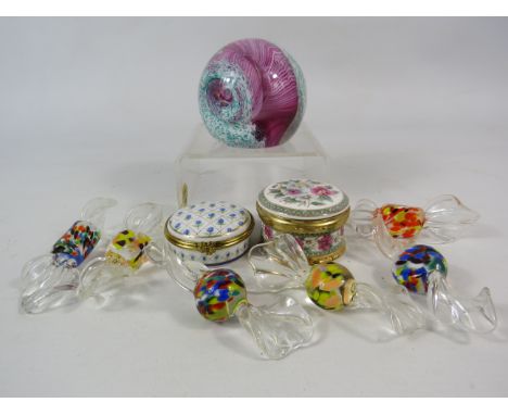 Caithness Aries Paperweight, Six art glass sweets and Two ceramic pill boxes.