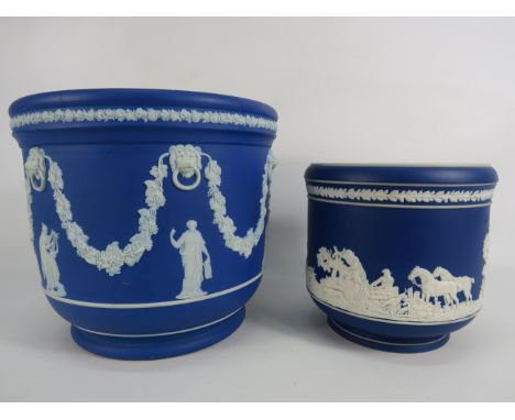Large dark blue Wedgwood Jasperware planter 8" tall and 9" Diameter, plus a smaller Adams Jasperware plantpot.