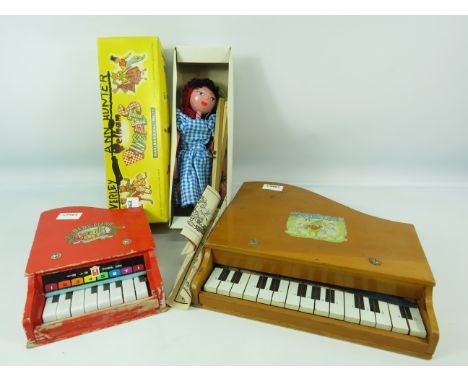 Little Red Riding Hood Pelham Puppet with original box plus two vintage childrens table toy pianos.