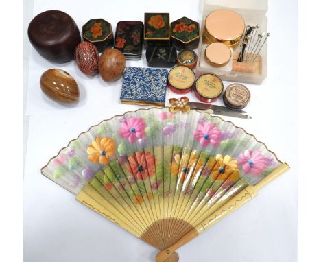 Mixed lot to include pill boxes, vintage make up, Hand painted oriental fan. See photos.