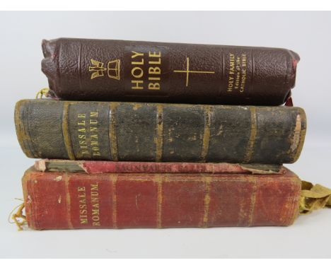 Two antique Missale romanum Latin Catholic Church books (one from a Garrison church)plus a vintage bible and one other latin 