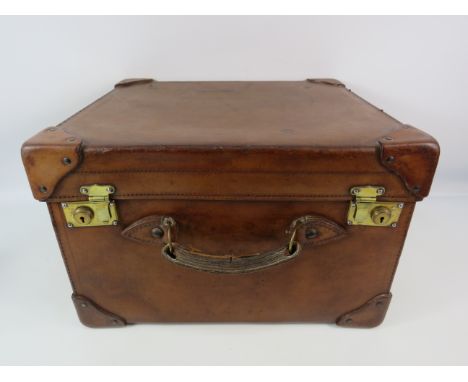 Vintage leather box shape trunk / suitcase, 17" by 16" and 11" deep.