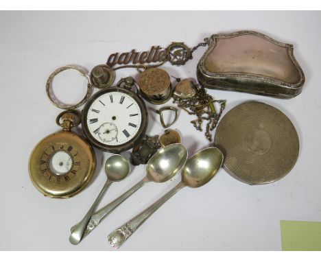 Mixed Lot of Treasures to include Two vintage pocket watches for spares or repairs, 925 Silver Compact plus other items. See 