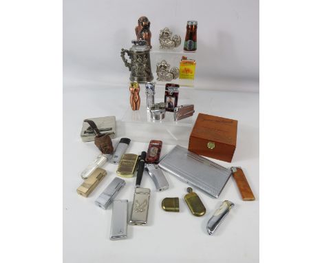 Selection of various novelty and vintage lighters, smoking pipe, cigarette case etc.