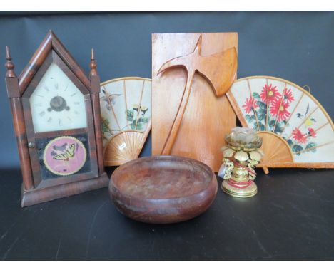 Mixed lot including 2 wooden framed fans, a craved wooden axe plaque and a clock which is for spares or repair.