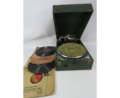 1930s Columbia Gramophone and a small selection of records, requires attention to run.