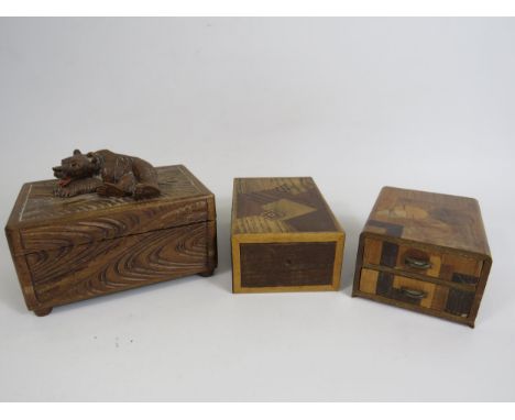 Vintage black forrest style trinket box with moving bear lock plus two vintage marquetry boxes.