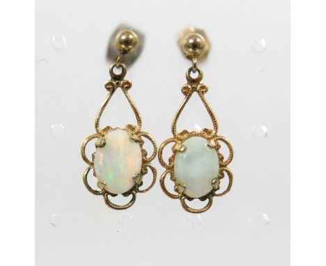 Pair of 9ct Yellow Gold Opal Set Drop Earrings ,  25mm long