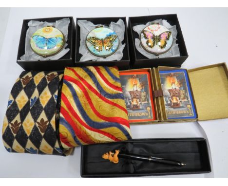 Mixed lot to include three boxed and unused ceramic trinket pots with butterfly emblem lids together with two Silk Ties, Play