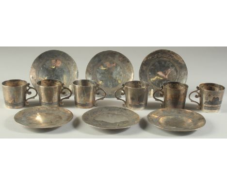 A RARE SET OF IRAQI NIELLO AND SILVER COFFEE CUPS AND SAUCERS, complete set, six of each, collective weight 483g, (12 pieces 