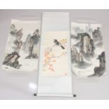 A CHINESE SCROLL PAINTING ON PAPER, depicting a bird on a branch, together with two other