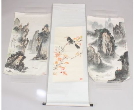 A CHINESE SCROLL PAINTING ON PAPER, depicting a bird on a branch, together with two other paintings of landscapes, (3).