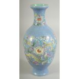 A CHINESE POWDER BLUE FAMILLE ROSE PORCELAIN VASE, with floral decoration and incised curling vine