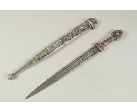 A 19TH CENTURY CAUCASIAN NIELLO SILVER KINDJAL DAGGER AND SCABBARD, with fullered blade, 49.5cm long.