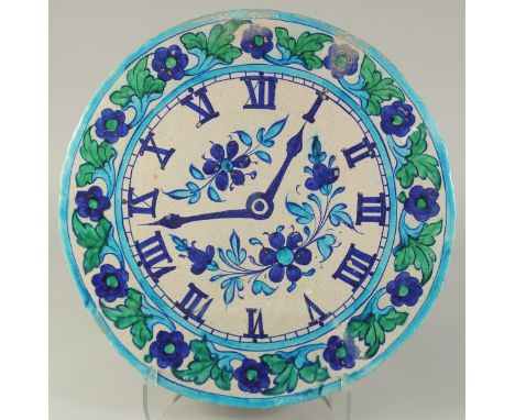 A VERY UNUSUAL LARGE 19TH CENTURY NORTH INDIAN MULTAN GLAZED POTTERY CLOCK FACE TILE, made for the European market, with foli