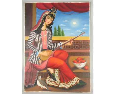 A LARGE OIL ON CANVASS PAINTING OF A FEMALE FIGURE PLAYING A MUSICAL INSTRUMENT, signed lower right, unframed, 111.5cm x 81cm