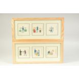 TWO SETS OF FRAMED EARLY 19TH CENTURY CHINESE PAINTINGS, each frame containing three individual