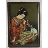 A LARGE 20TH CENTURY CHINESE REVERSE GLASS PAINTING, inset within a hardwood frame, depicting a