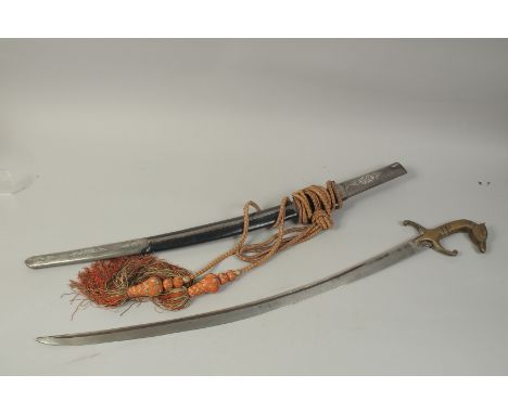 AN INDIAN SWORD WITH SILVER INLAID SCABBARD, 100cm long.