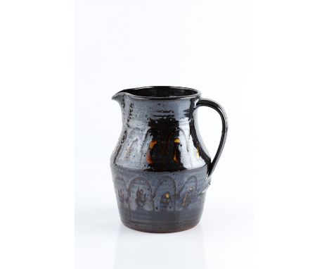 David Leach (1911-2005) Jug slipware with tenmoku glaze impressed potter's seal 26cm high.
