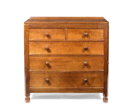 Robert Thompson of Kilburn (1876-1955)  Mouseman chest of drawers, circa 1930s/40s oak, adzed throughout to frame and panels 