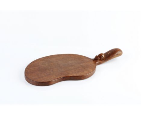 Robert Thompson of Kilburn (1876-1955)  Mouseman cheese board oak, kidney shaped board carved mouse signature (to handle) 37.