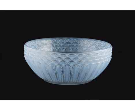 Lalique Bowl opaque glass, moulded with Art Deco geometric pattern etched 'R. Lalique' 21cm diameter. 