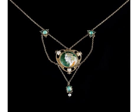 Arts and Crafts Enamel and gem set pendant necklace the circular polychrome enamel panel depicting the profile of a medieval 
