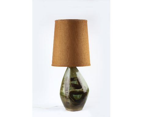 Tremaen Pottery Lamp base pebble form, with green and brown glaze, with original shade impressed pottery seal 82cm high (incl