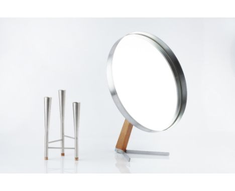  Robert Welch for Durlston  Vanity mirror and candlestick, the mirror designed in 1969 circular stainless steel mirror on tea