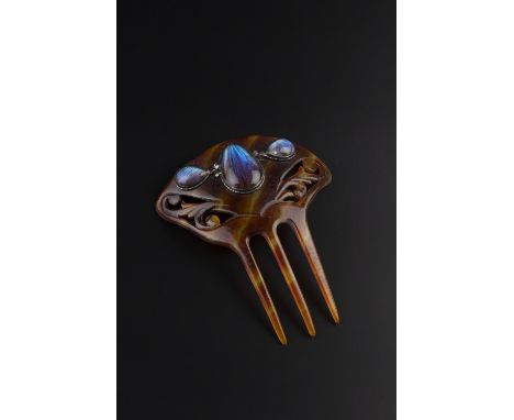 20th Century Simulated tortoiseshell hair comb pierced and carved scroll decoration applied with butterfly wing panels 11cm l