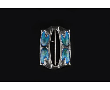 W. H. Haseler Ltd. Arts and Crafts silver buckle heightened with mottled blue and green enamel panels signed, with Birmingham