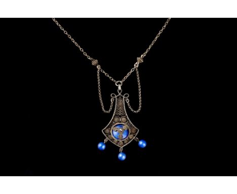 Marius Hammer (Norwegian, 1847-1927) Enamel pendant necklace the openwork panel heightened with wirework  and blue enamel bea