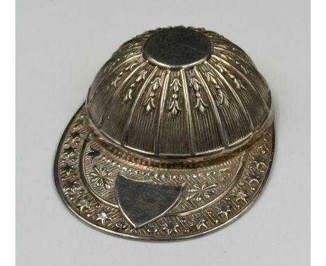 A silver caddy spoon in the form of a jockey's cap by Francis Howard Ltd Sheffield 1978.