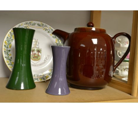 A very large Denby Homestead Brown 8 pint teapot, 22cm high; a Stoneware vase, another; a Spode Royal Charter of Derby commem