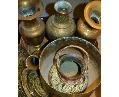 Brass - A pair of vases decorated with scrolling persian foliage, another decorated with dancing figures, a planter decorated
