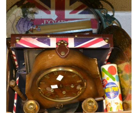An Oak smiths chiming mantle clock, a Collar box with leather pouch, an oval mirror decorated with a crinoline lady, a brass 
