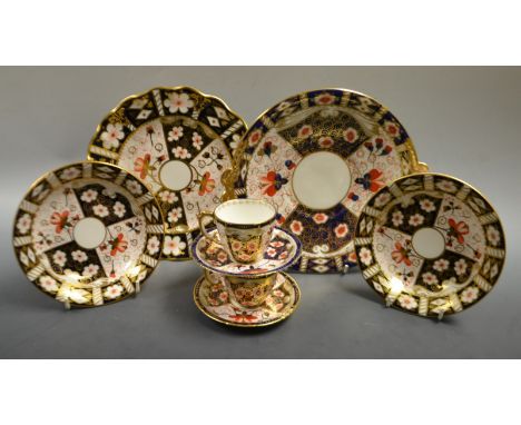 A Royal Crown Derby 2451 pattern shaped circular plate; two 2451 dishes; a pair of 5683 pattern cups and saucers; etc. (8)