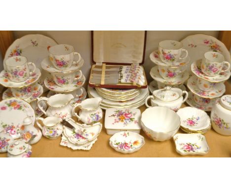 Royal Crown Derby Posies table china, tea cups, saucers, plates, sugar bowl, tea caddy, etc.; quantity