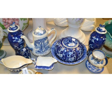 Ceramics - a pair of Chinese blue and white urns and covers, decorated with prunus; a 19th century tea bowl; a Copeland Spode
