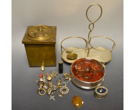 An EPNS two bottle coaster; a tie clip; an EPNS bottle coaster; salt and mustard spoons; napkin rings; a brass caddy; etc.