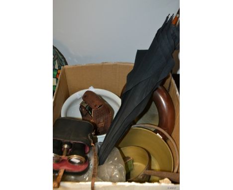 Domestic Items - an umberella, silver handle, bamboo shaft; binoculars; camera; brass jan pan and kettle; spong; chamber pots