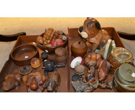 Boxes and Objects - a pair of green onyx bookends; an oak tea caddy; a coopered biscuit barrel; another, treen bowls, various