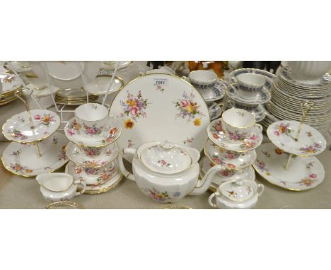 Royal Crown Derby Posies; tea service for six comprising of a pair of two tier cake stands, a gateaux platter, a large teapot