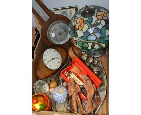 A Singer sewing machine, cased, a Tiffany style lamp, a wall barometer, a Smiths sectronic mantle clock, a pair of black fore