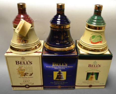 Bells Whiskey Old Scotch Whiskey decanters; Christmas 1997, 1998, Prince of Wales 50th Birthday